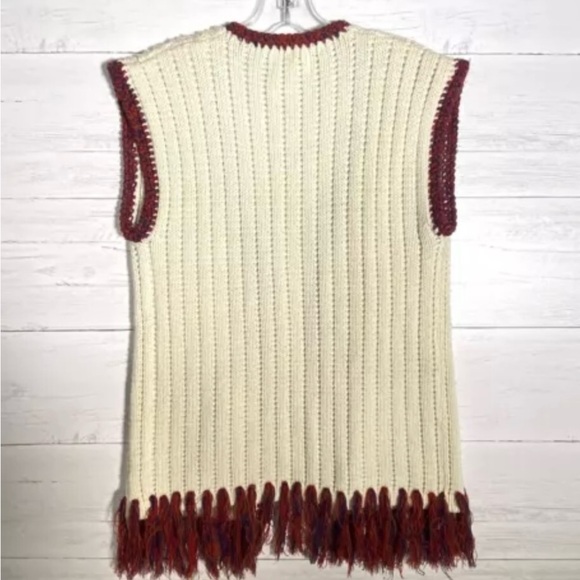 Vintage 70s Beige Knit Sweater Vest Embroidered Fringed - Picture 5 of 6